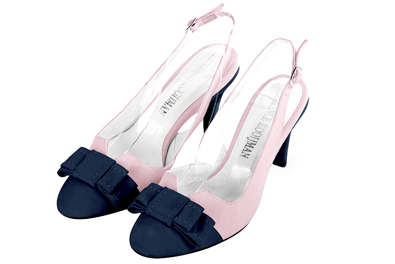 Navy blue and light pink women's open back shoes, with a knot. Round toe. Medium slim heel. Front view - Florence KOOIJMAN